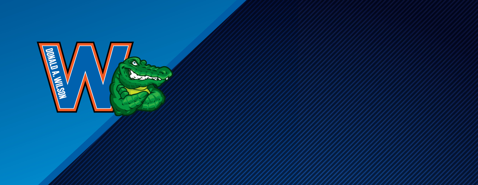 blue background with orange gator with arms crossed