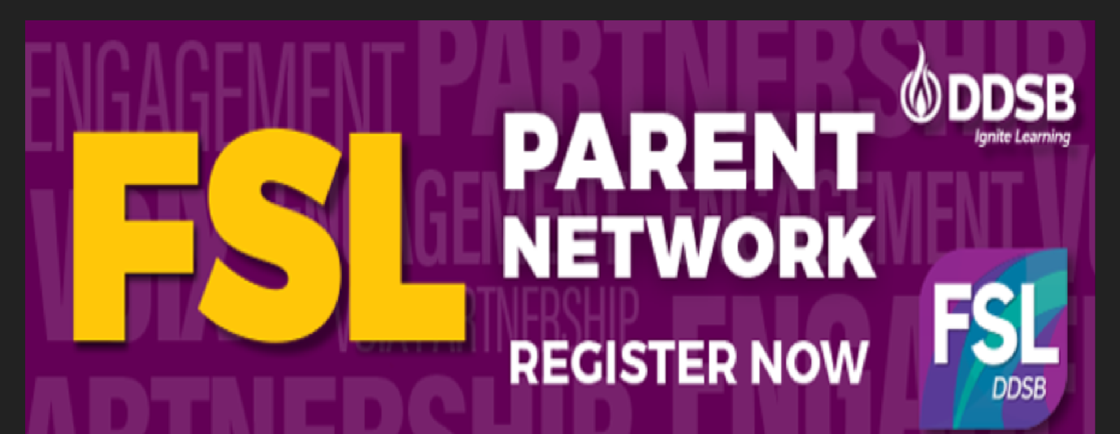 FSL Parent Network poster with yellow writing on a purle background 
